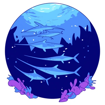 A blue school of swordfish swims gracefully in a perfect V-formation through the dark depths of the ocean. The long, slender bodies of the swordfish glimmer under the faint light filtering down from the surface. Bubbles trail behind them as they move swiftly, their sharp, elongated bills cutting through the water. The surrounding deep ocean is filled with hints of purple shadows and silhouettes of distant marine life, creating a vibrant, dynamic environment for the swordfish.