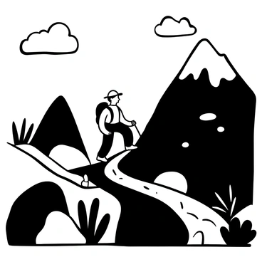 A hiker wearing a backpack climbs a steep mountain slope, with rocky terrain and ascents visible around. The hiker is focused, stepping carefully on a "glowing path" that winds upward, illuminated brightly against the dark silhouette of the mountain. Surrounding the hiker are tall, jagged peaks and scattered boulders. A few clouds float in the sky above, adding a sense of height to the scene. The overall ambiance captures the determination and adventure of mountain climbing.