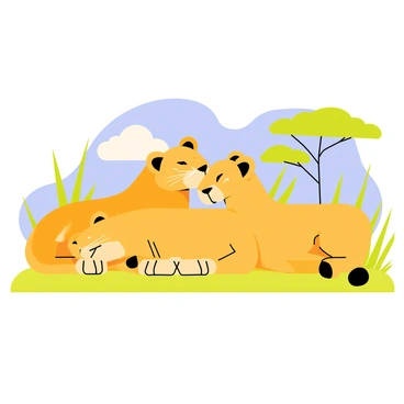 A pride of lions lounging together on a sunny savanna. The lions are a mix of golden and tawny fur, with some resting their heads on each other. Surrounding them, tall green grass sways gently in the breeze. The sky above is bright blue with a few fluffy white clouds. In the background, scattered acacia trees provide shade, adding to the natural habitat. The atmosphere conveys a sense of warmth and tranquility.