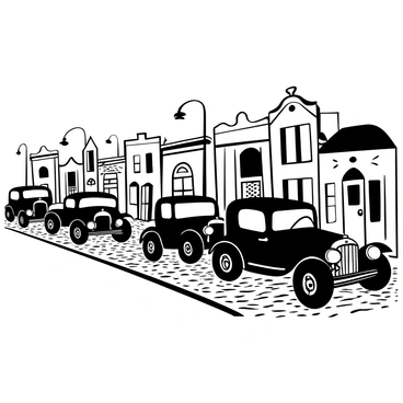 A row of vintage cars from the 1920s parked along a cobblestone street. Each car displays unique designs, showcasing details like rounded fenders, tall headlights, and intricate grilles. The cobblestone street is lined with period lamp posts casting shadows on the ground. In the background, buildings echoing the architectural style of the 1920s frame the scene, with decorative cornices and large windows. A few bystanders are admiring the cars, adding life to the atmosphere of the street.