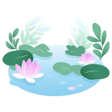 A pond with calm water reflecting the surroundings is filled with "pink and white water lilies" floating gently among their "broad green leaves." Delicate petals of the water lilies are spread open, showcasing their vibrant colors. The surface of the water is smooth, with a few ripples indicating gentle movement. Lush greenery surrounds the pond, with "soft shades of green" contributing to the tranquil atmosphere. Sunlight filters through the leaves, creating dappled patterns on the water's surface.