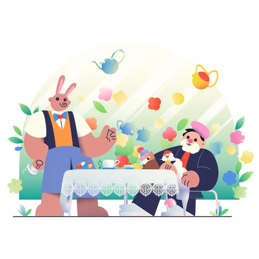 A lush garden filled with vibrant flowers in various colors stretches into the background. In the center of the scene, a round table is adorned with a delicate lace tablecloth. Around the table, a diverse group of quirky characters is seated. One character is a tall, lanky rabbit wearing a waistcoat and a bow tie, holding a teacup in one hand. Next to the rabbit is a chubby squirrel wearing a tiny hat, eagerly reaching for a plate of pastries. Floating above the table are several whimsical teapots in different shapes and sizes, some swirling in mid-air, pouring tea into the cups below. The sunlight filters through the leaves, creating dappled patterns on the ground.