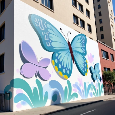 A vibrant street mural covers the side of a tall building in an urban setting. The mural showcases oversized butterflies with intricate wing patterns, featuring a mix of colors including blues, purples, pinks, and yellows. Below the butterflies, a background of stylized greenery blends in with abstract shapes and gradients in pastel colors. The mural stretches across the wall, drawing attention from passersby. Sunlight casts gentle shadows, enhancing the vivid details of the butterflies' wings.