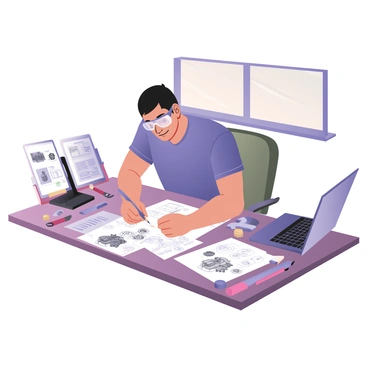An automotive engineer sketching engine designs on a desk filled with notes and tools