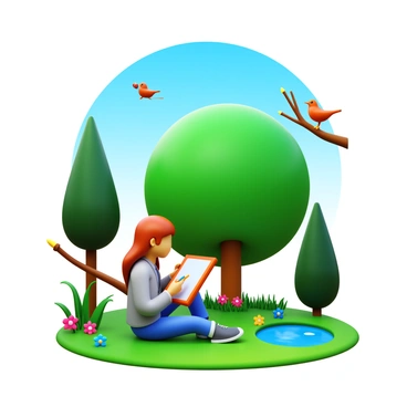 A student with a sketchbook and pencils is sitting on a grassy area in a park. The student has long hair and is wearing a casual outfit, with a light jacket and jeans. Surrounding the student are various natural elements, including tall trees, colorful flowers, and a clear blue sky. The student is focused on drawing a large tree, capturing its intricate details. Nearby, a few birds are perched on branches, and there's a small pond reflecting the sunlight. The scene conveys a sense of creativity and tranquility as the student connects with nature.
