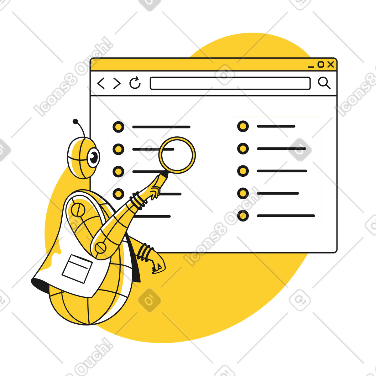 Ilustración Robot buscando información en un sitio web estilo Taxi a descargar PNG y SVG