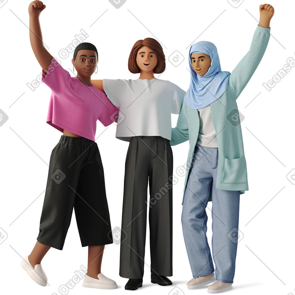 Ilustración Three women raising their fists en estilo 3D Business a descargar en PNG y SVG