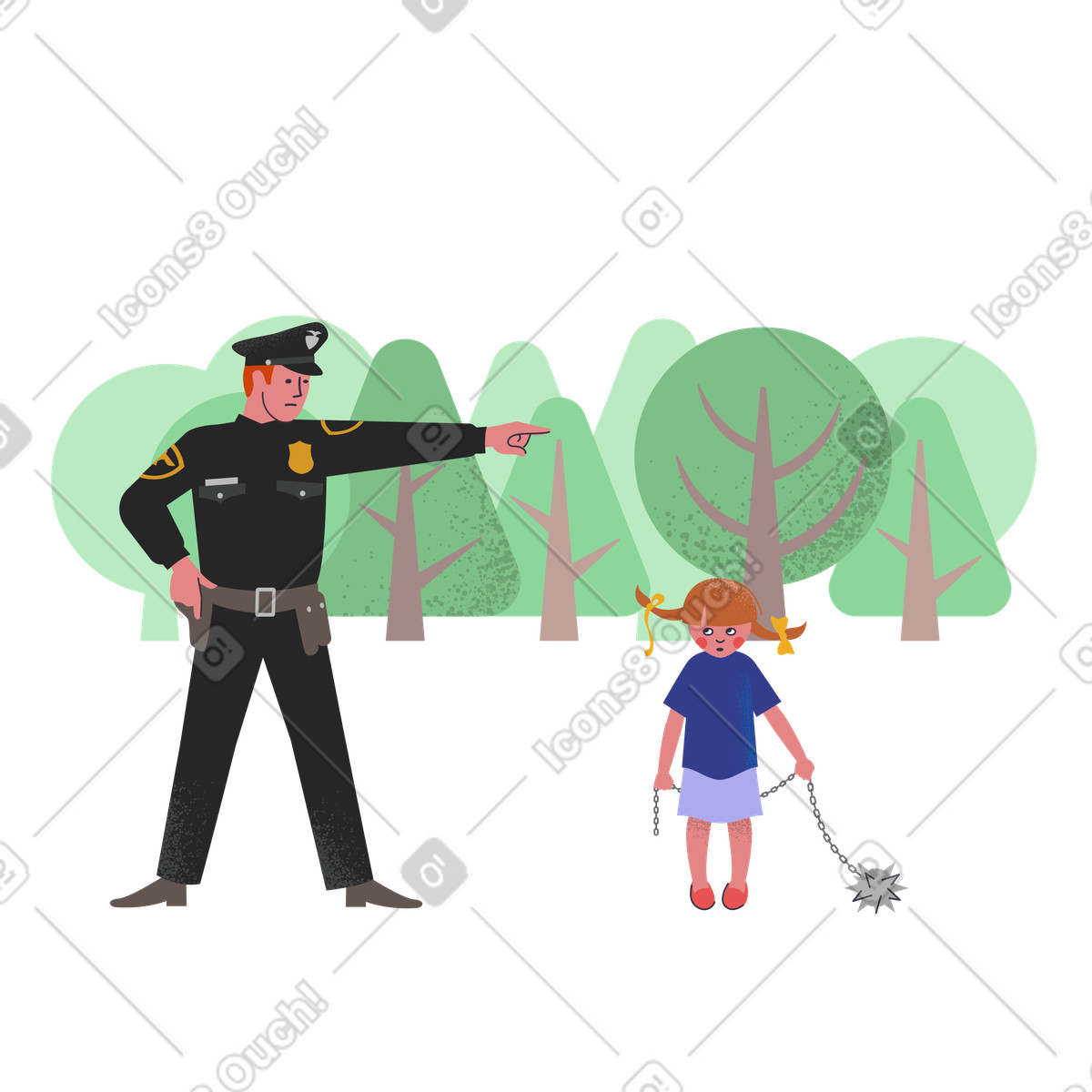 Policeman telling little girl off for carrying a chain mace illustration in Pale style download in PNG, SVG
