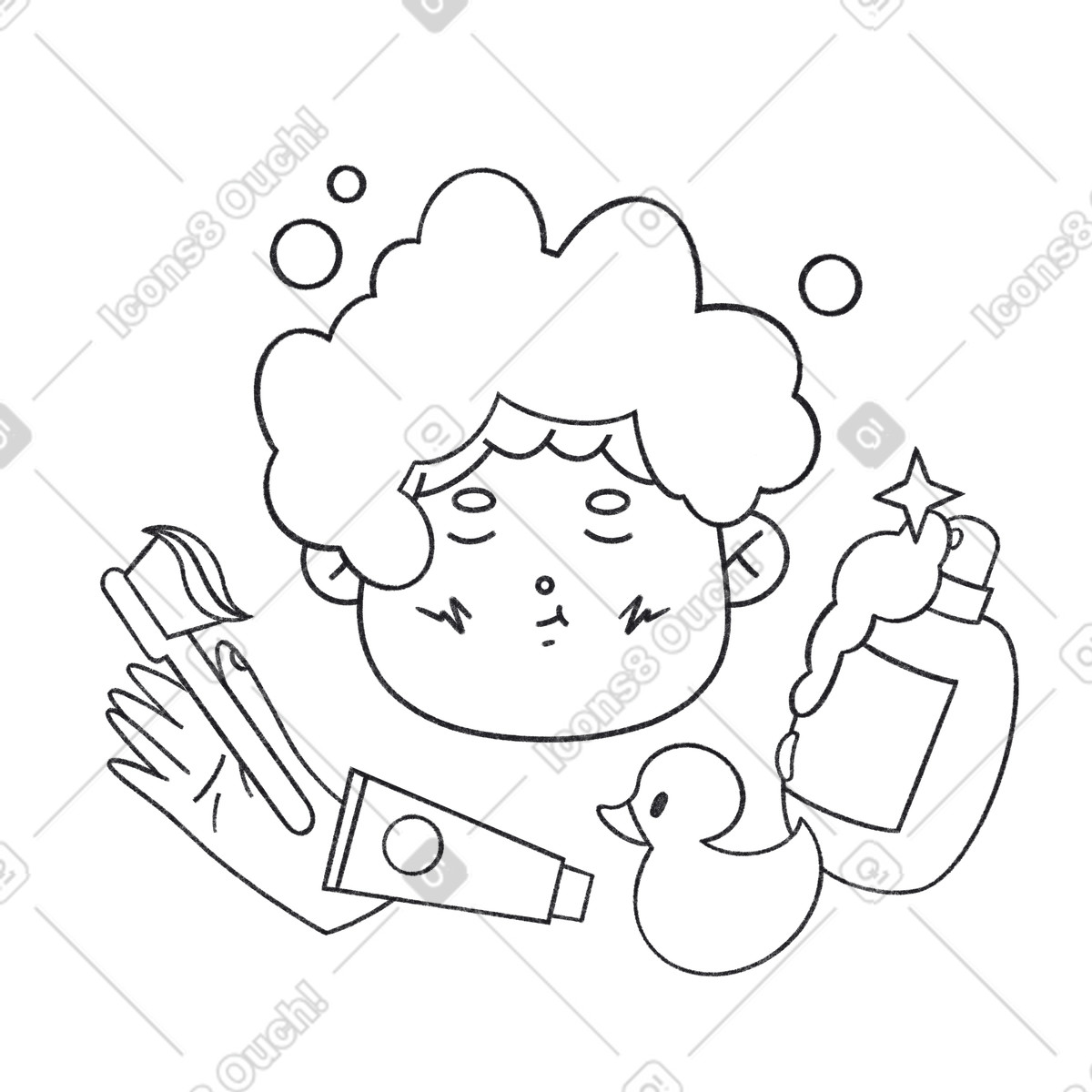 Junge wäscht sich mit shampoo und putzt zähne zahnpasta im badezimmer-Illustration Bonbon Line-Stil als Download in PNG, SVG