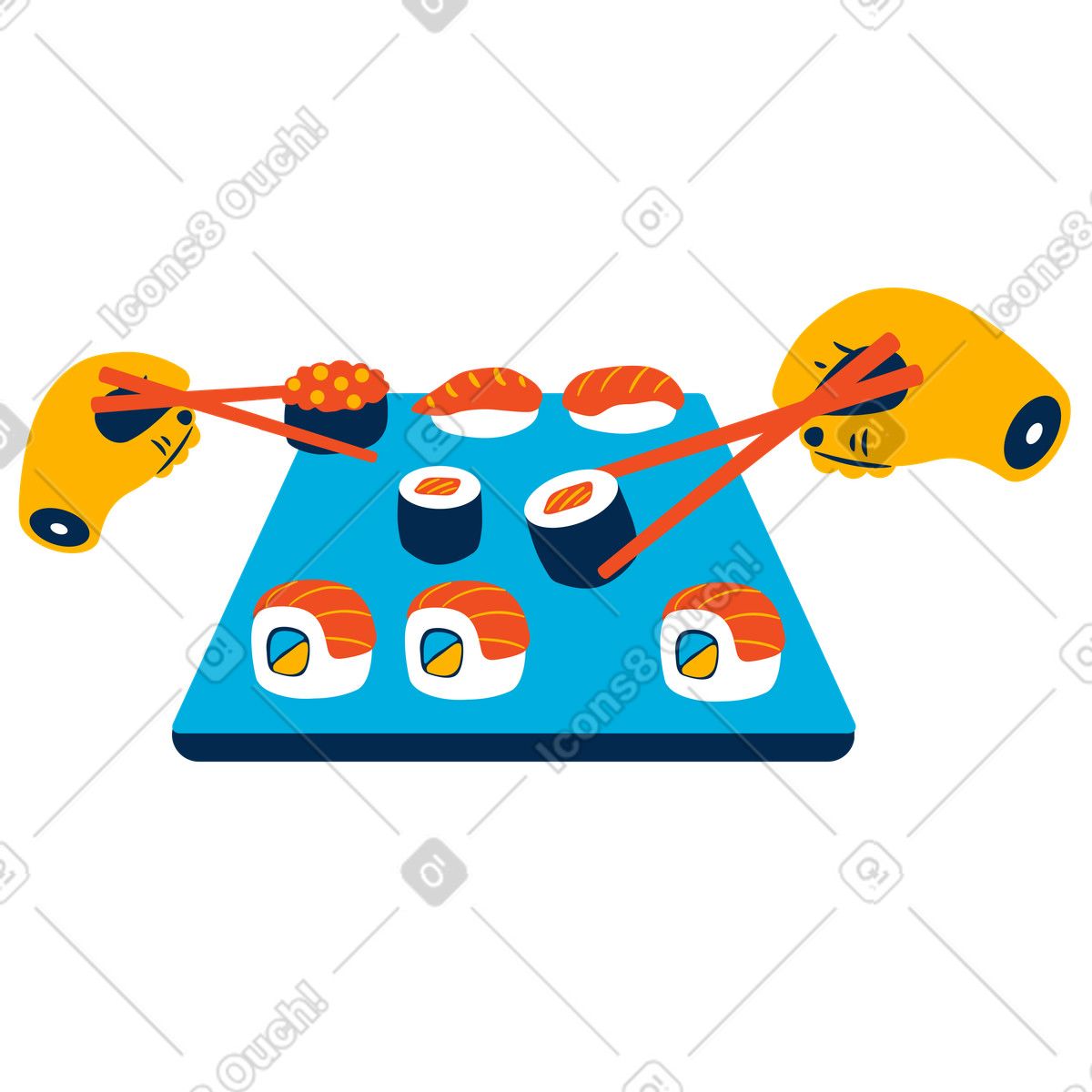 Hands eating sushi with chopsticks illustration in Flame style download in PNG, SVG