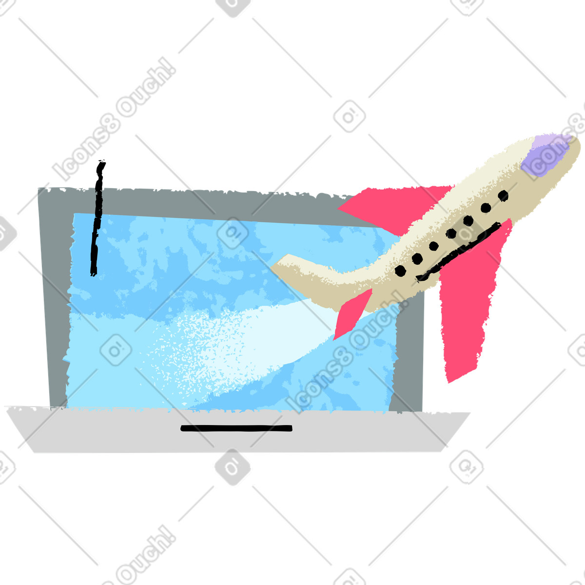 Aeroplane flying from laptop illustration in PNG, SVG