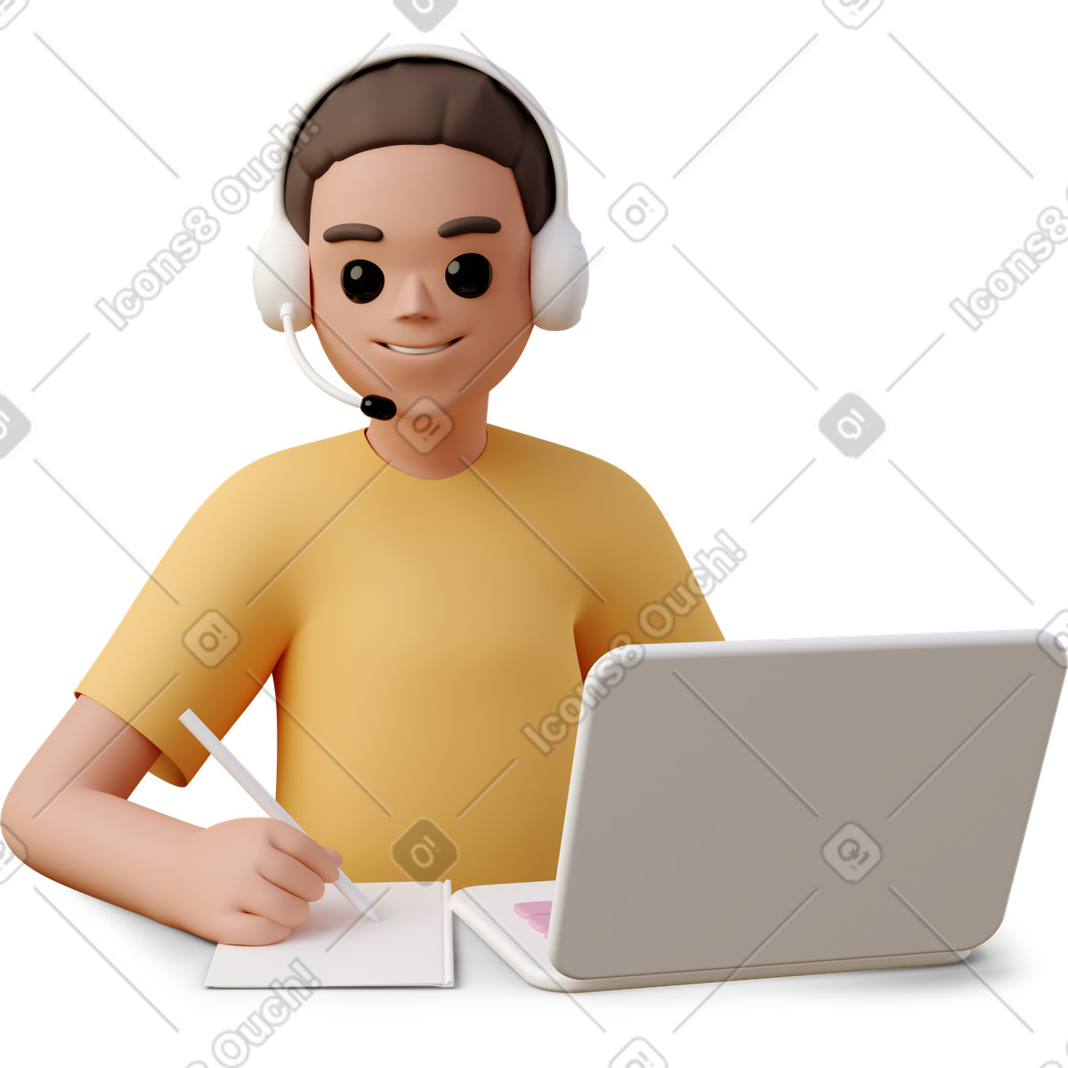 Ilustración Mujer joven en auriculares usando laptop y tomando notas estilo 3D Casual life a descargar PNG SVG