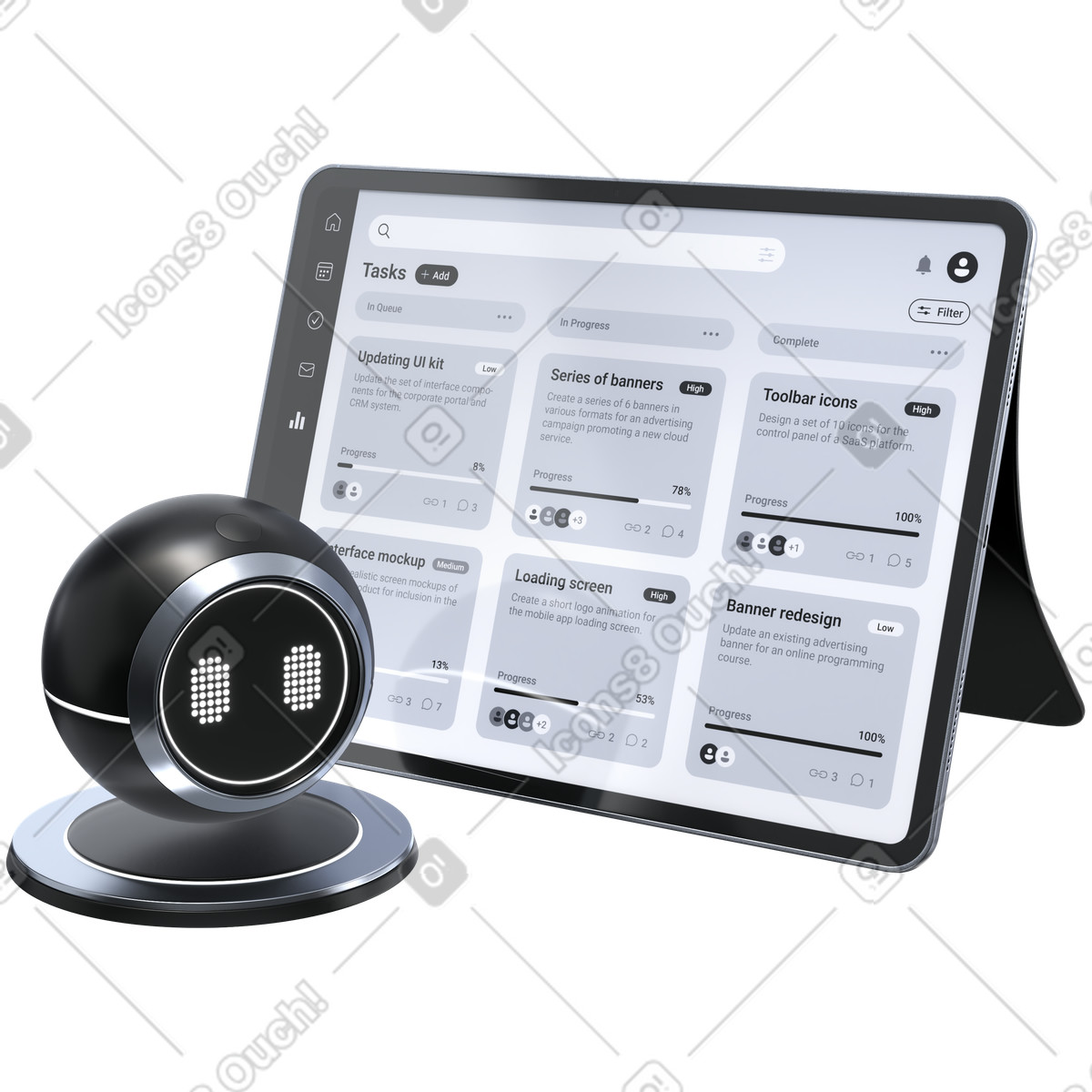 Integrazione con assistenti ai, dashboard di progetto intelligente, gestione intelligente delle attività illustrazione in stile 3D Pro scarica in PNG, SVG