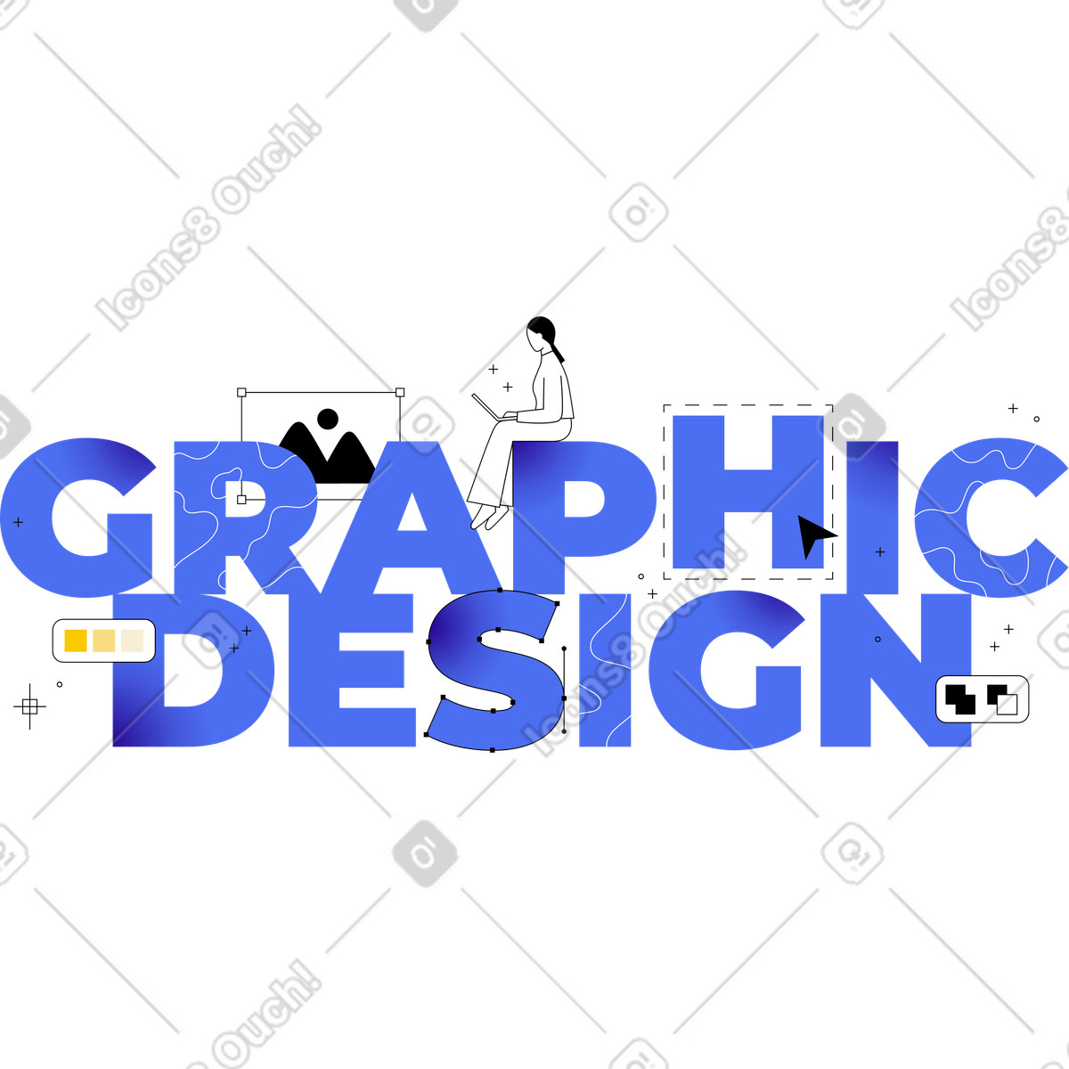Ilustração de Letras de design gráfico e mulher com laptop em PNG e SVG