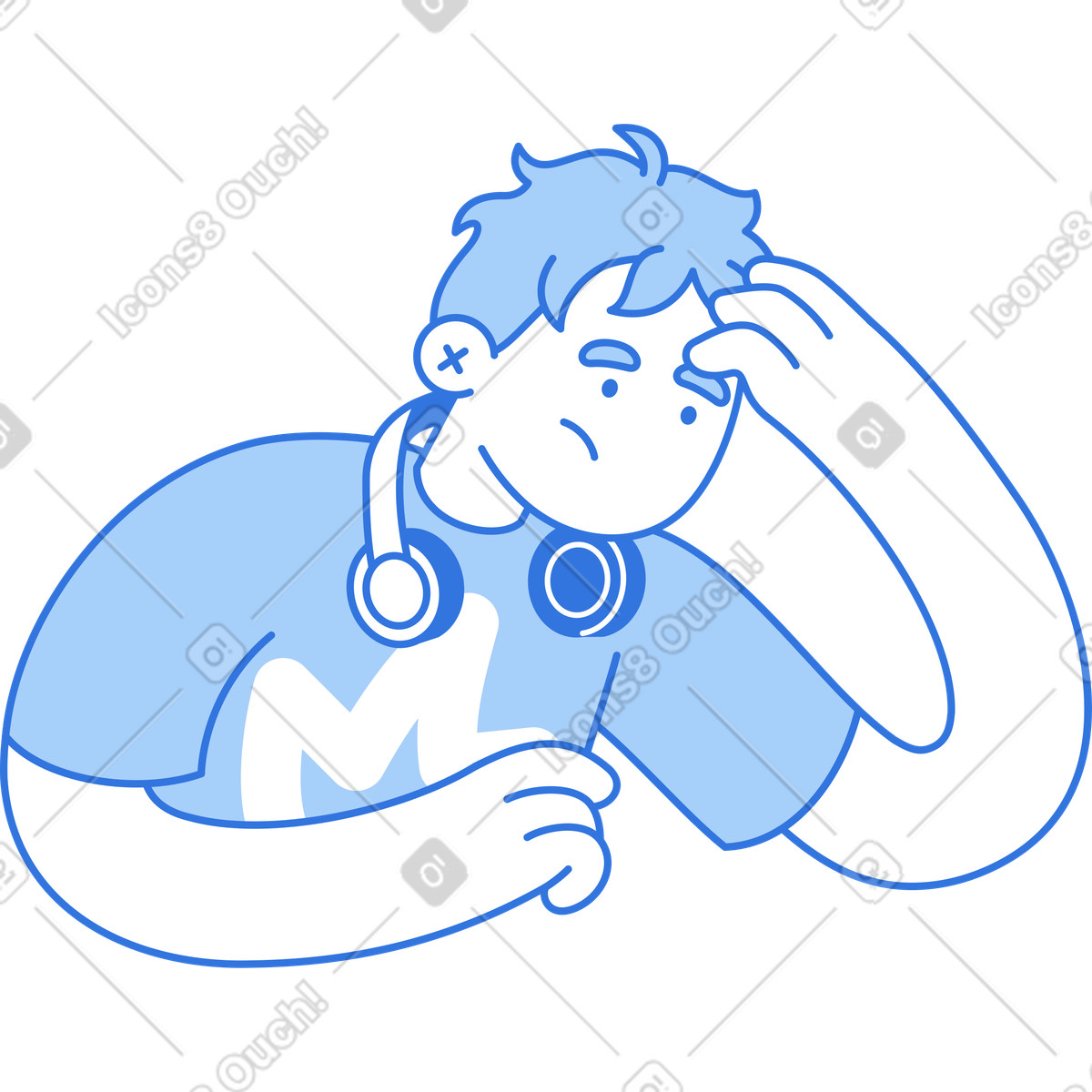Ilustración Hombre cansado con auriculares sosteniendo su cabeza en estilo Sky a descargar en PNG y SVG