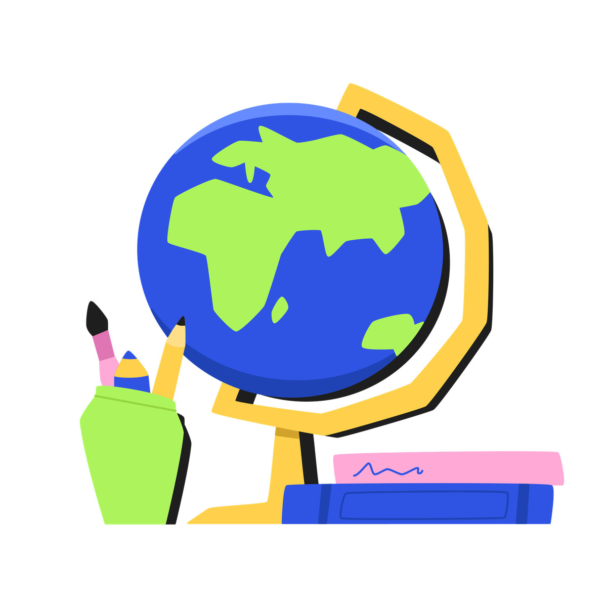 Ilustración School globe, books and stationery en estilo Bouncy a descargar en PNG y SVG