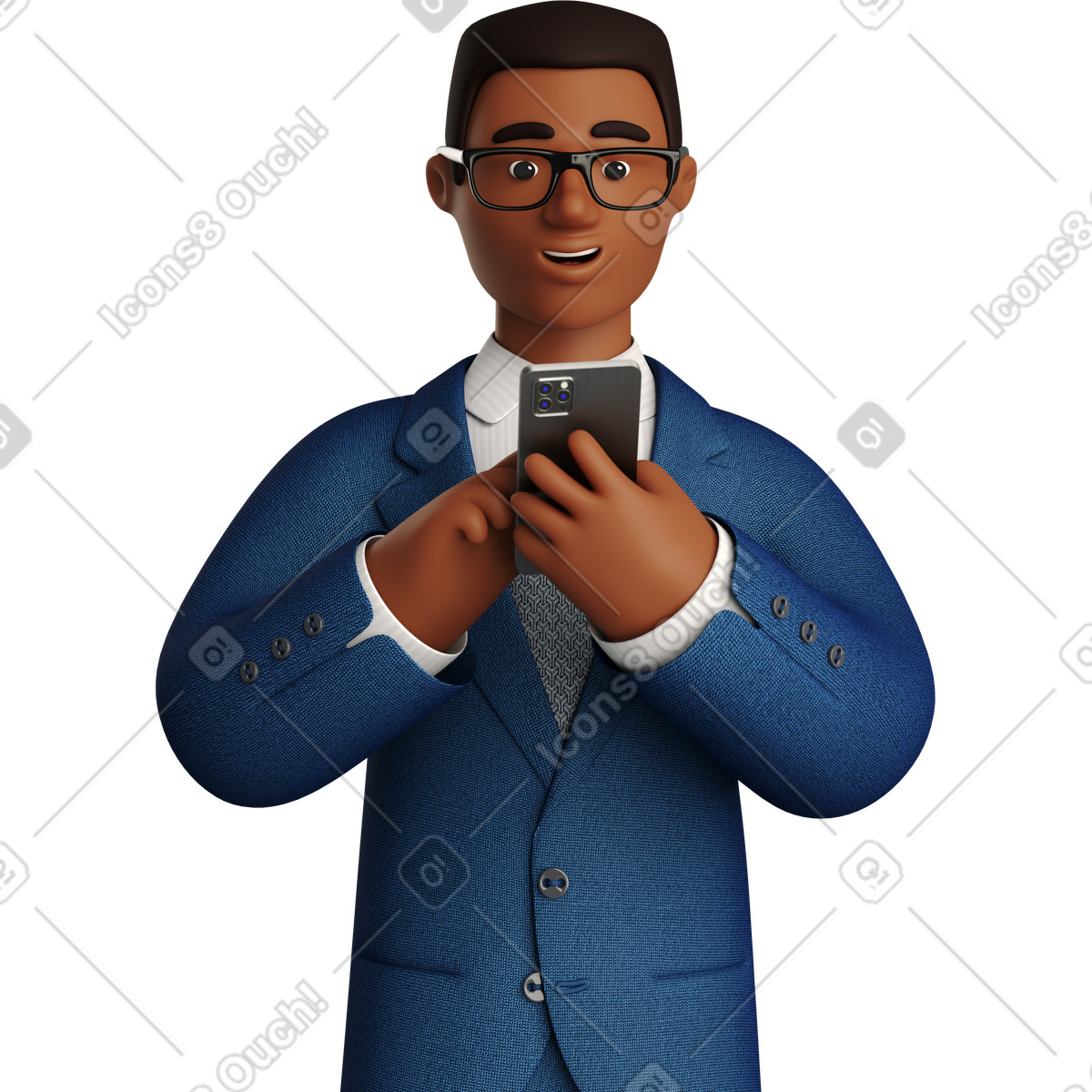 Illustration Black businessman in blue suit looking at phone dans le style 3D Business à télécharger aux formats PNG, SVG