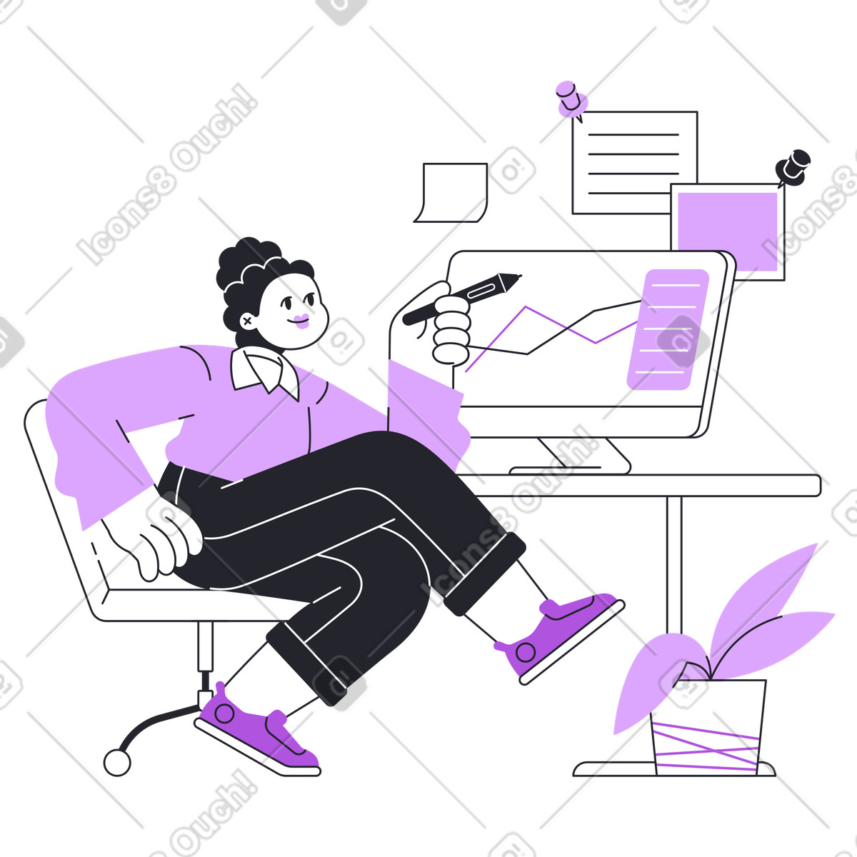 Employee checking progress metrics at desk, workplace performance tracking-Illustration im Grapy-Stil als Download in PNG, SVG