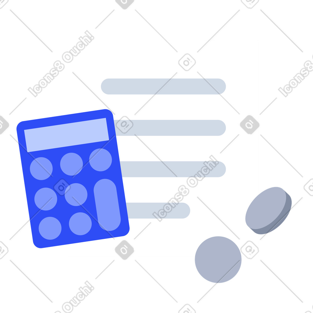 Revenue calculation, personal budgeting, calculator and coins on financial document illustration in System style download in PNG, SVG
