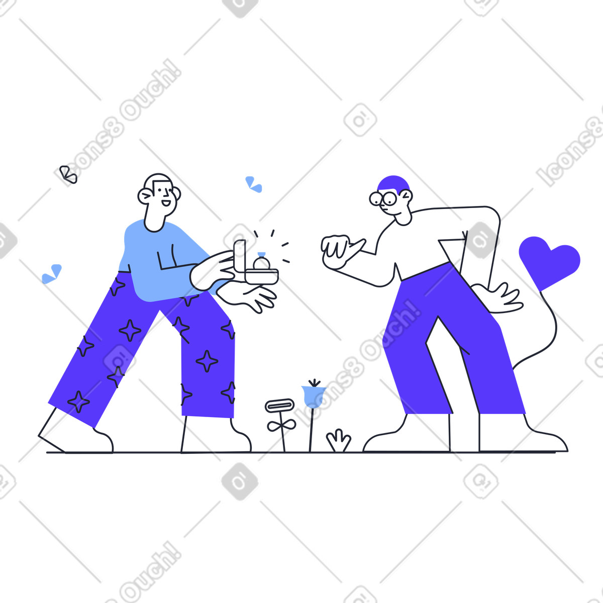 Surprised reaction to proposal, Same-sex marriage, LGBTQ couple illustration in Pablita style download in PNG, SVG