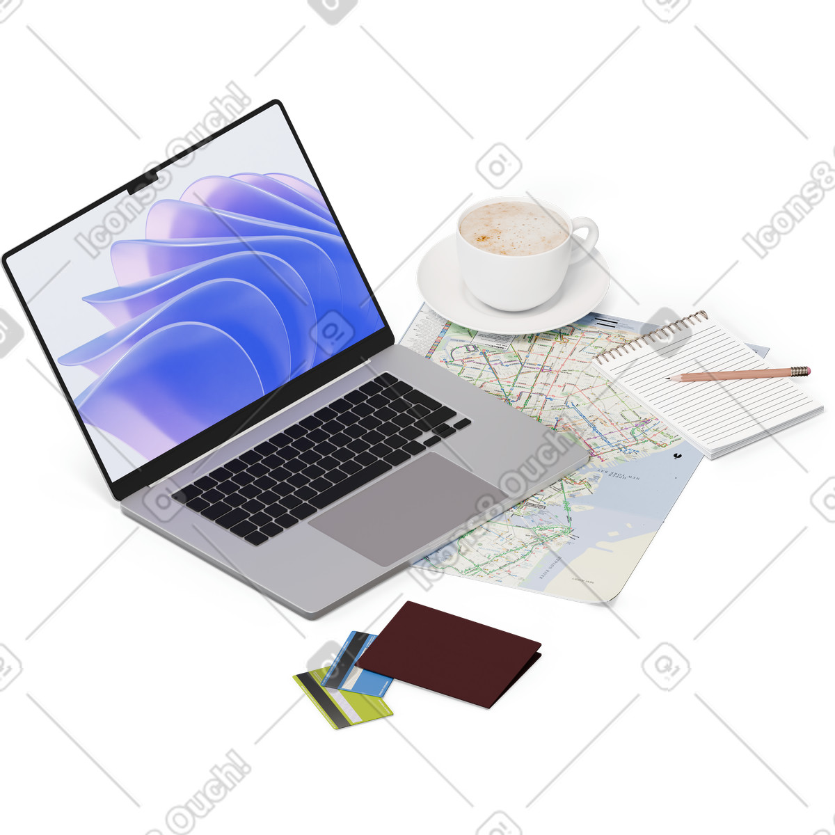 Vista isometrica di mappa, laptop, notebook, carte credito illustrazione in stile 3D Hygge scarica in PNG, SVG