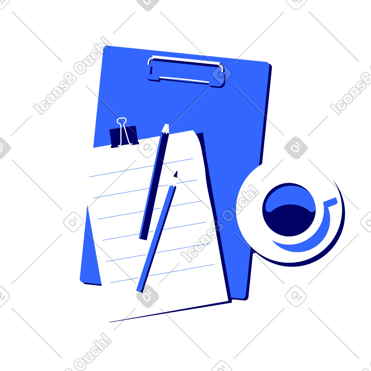 Illustration Vue de dessus d'une tasse café, presse-papiers avec clip, feuille papier et deux crayons dans le style Lounge à télécharger aux formats PNG, SVG