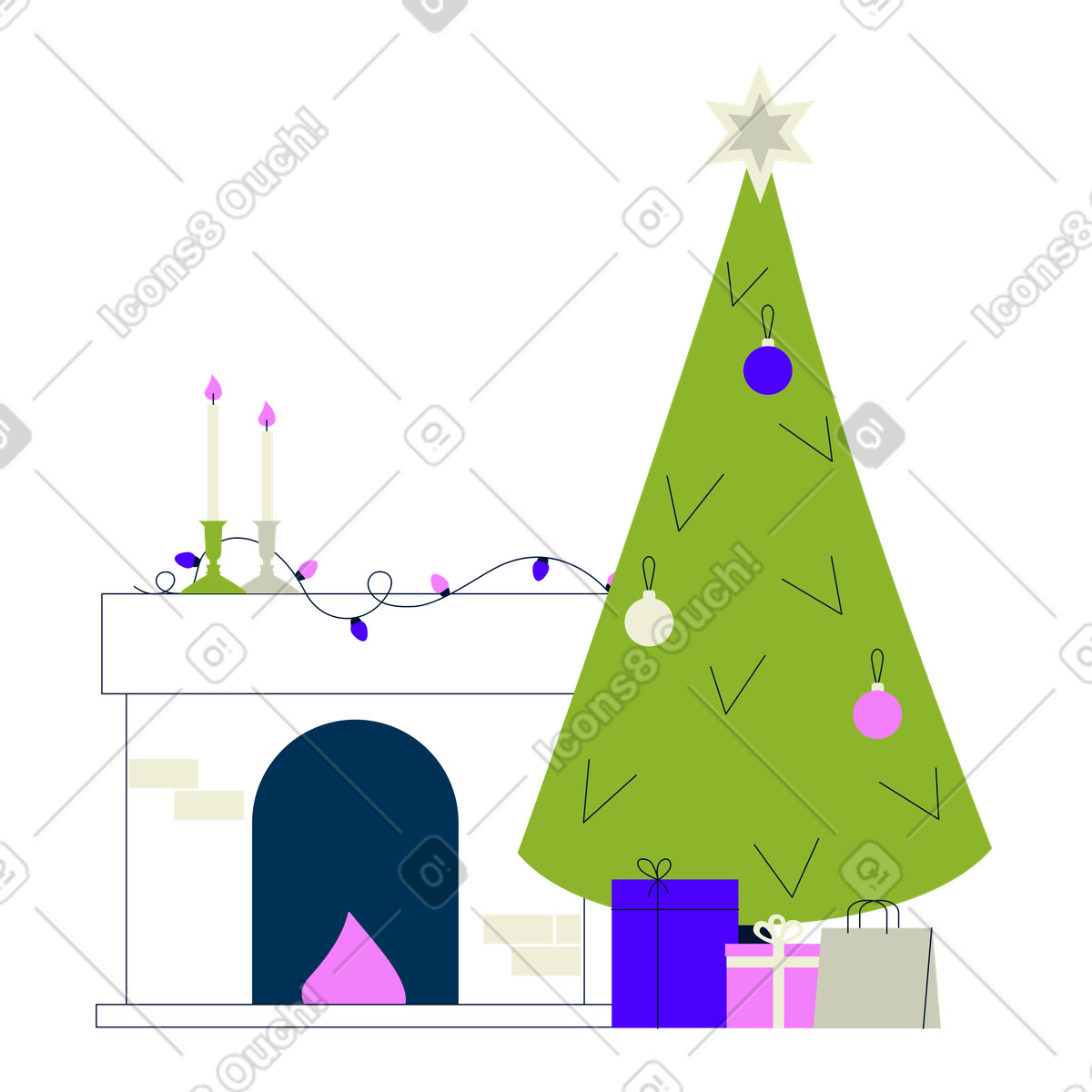 Ilustración Chimenea navideña y árbol de navidad. en estilo Cubes a descargar en PNG SVG
