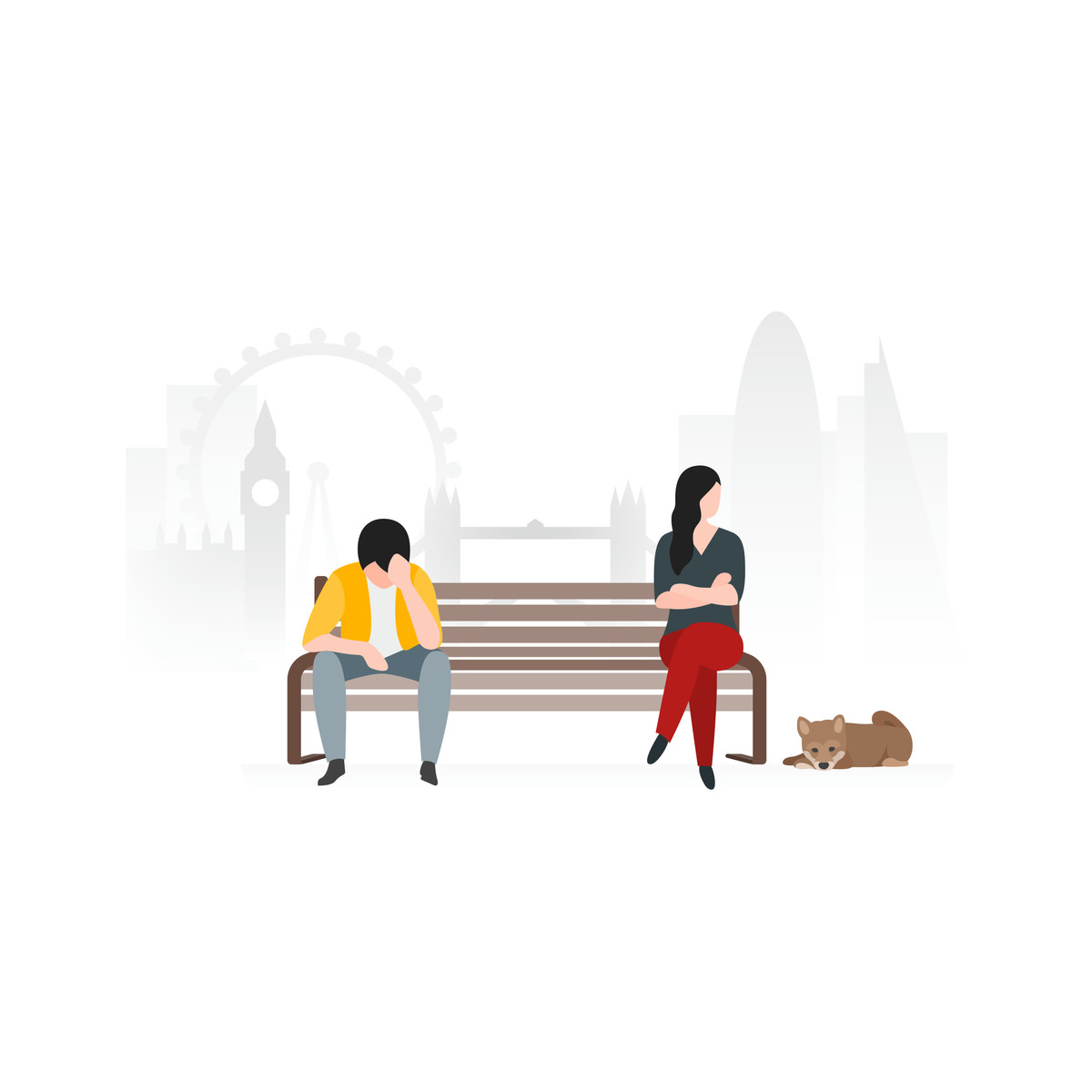 Distant couple on park bench with dog, Conflict or no connection concept-Illustration im Fogg-Stil als Download in PNG, SVG