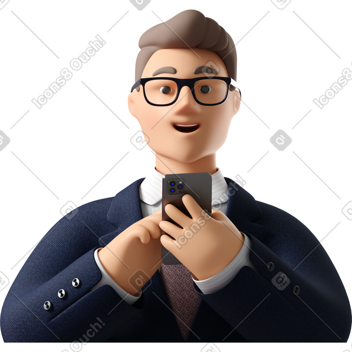 Ilustración Close up of businessman in dark blue suit with phone looking straight en estilo 3D Business a descargar en PNG y SVG