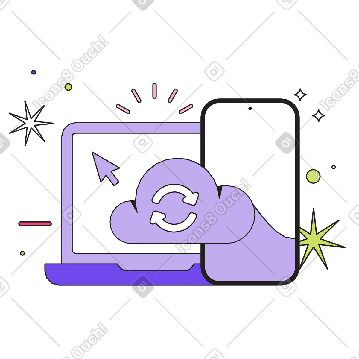 Ilustração de Laptop and smartphone with cloud sync icon, Cross-platform file synchronization em no estilo Dazzle para baixar em PNG, SVG