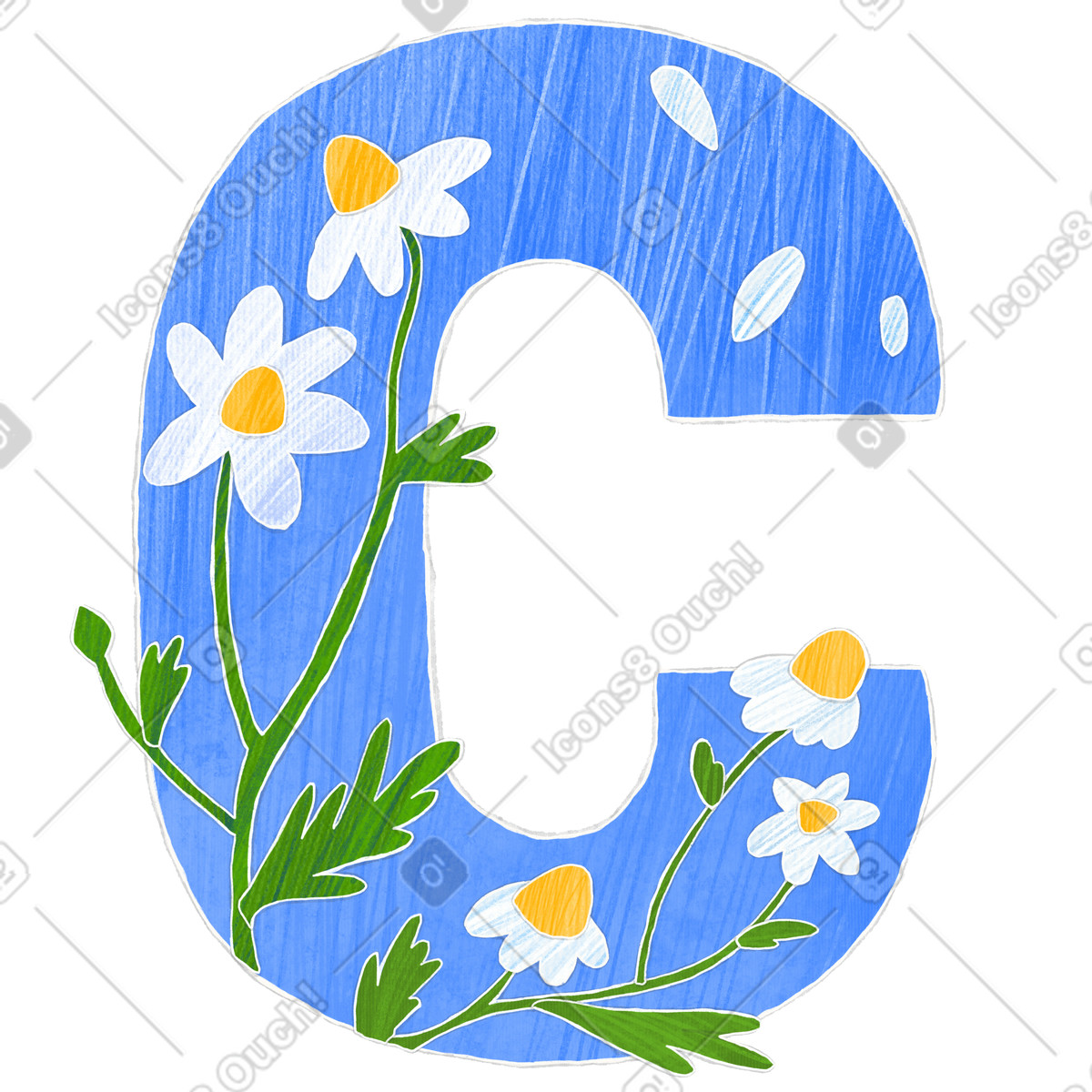 Capital c with chamomile-Illustration im Crafty-Stil als Download in PNG, SVG