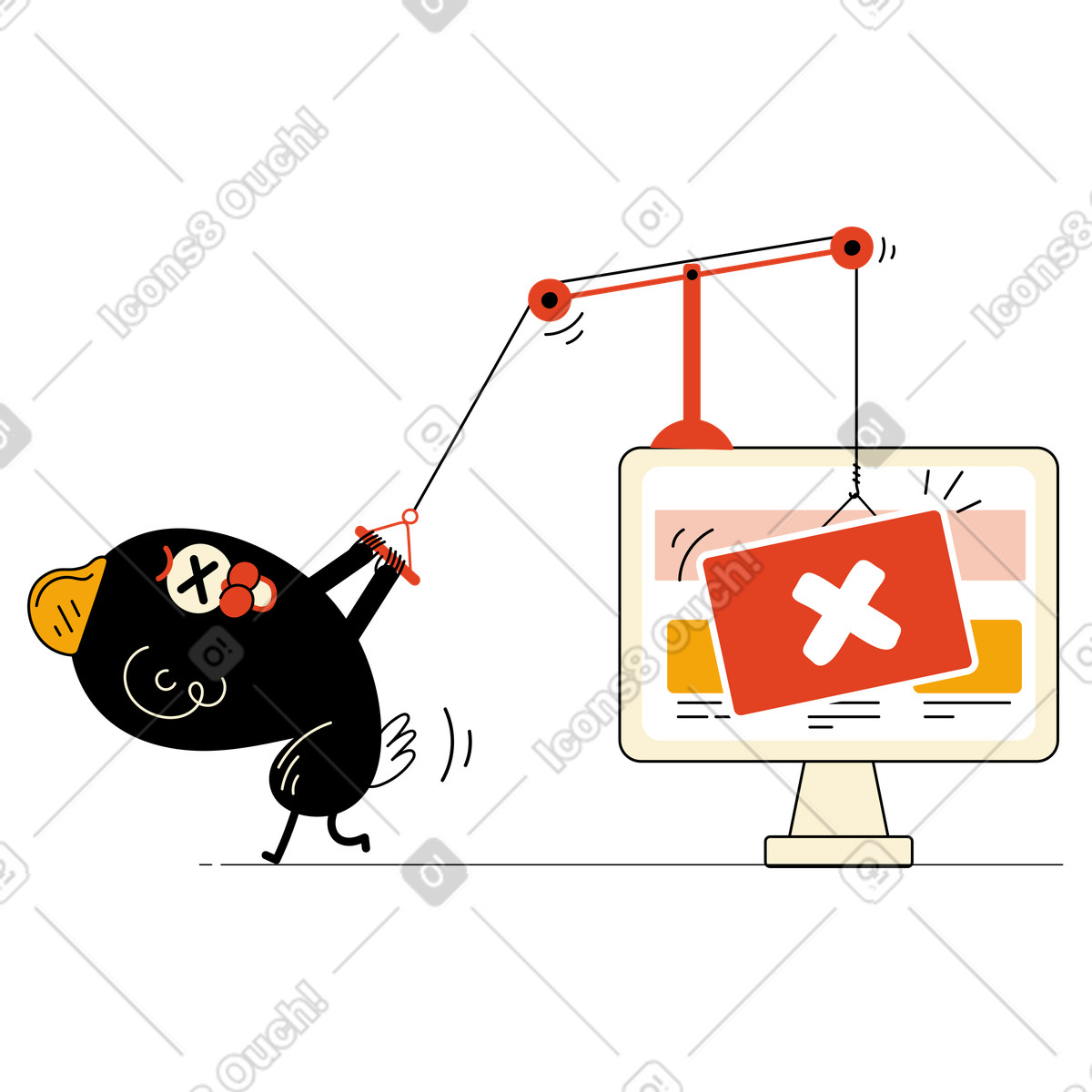 Black creature constructing a webpage illustration featuring a crane clipart image in PNG SVG GIF