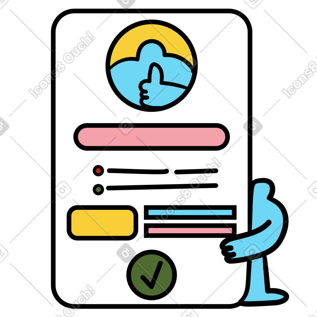 Ilustración Solicitud de empleo exitosa, plantilla currículum, cv con marca aprobación en estilo Wiggle a descargar en PNG y SVG
