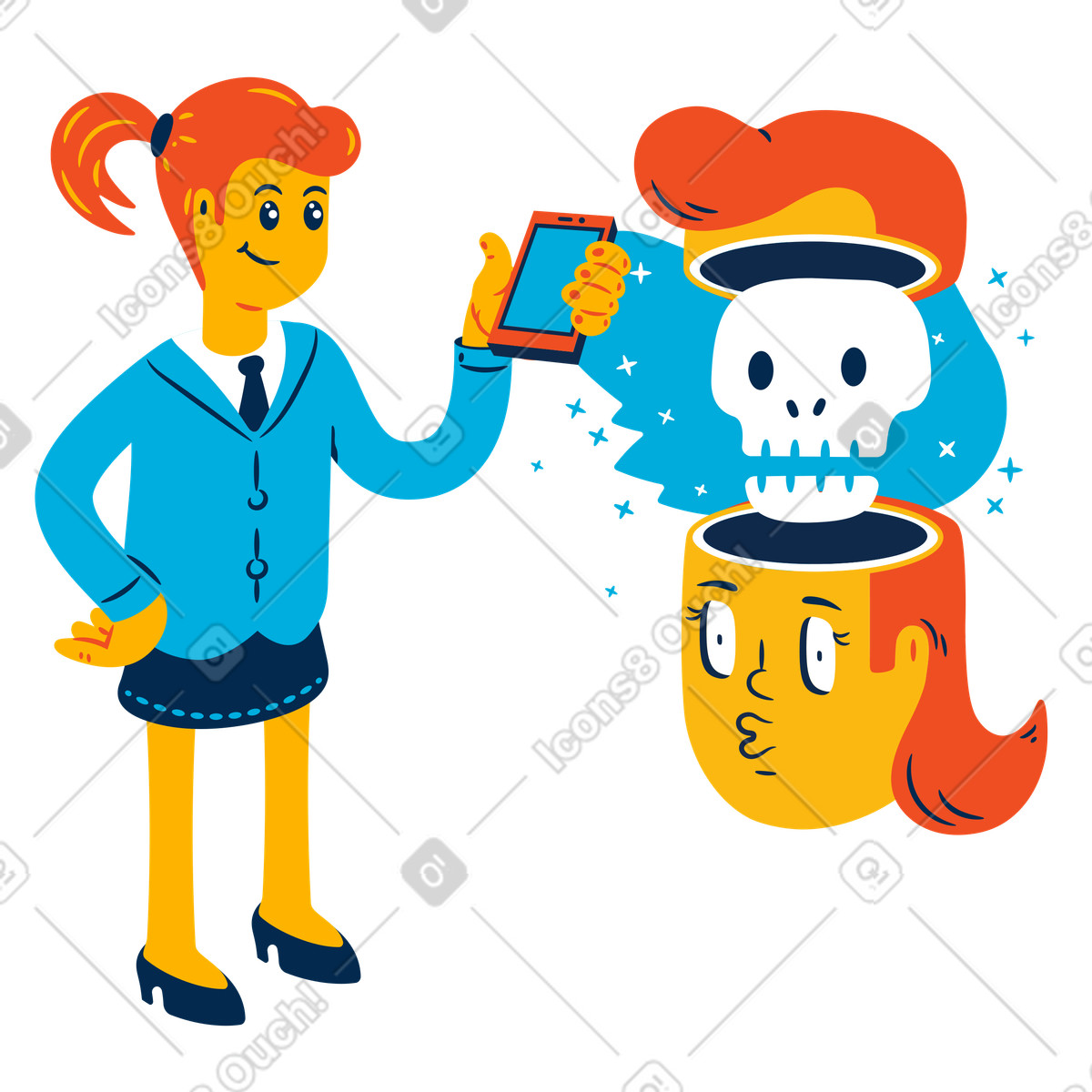 Woman studies skull anatomy using vr illustration in Flame style download in PNG, SVG