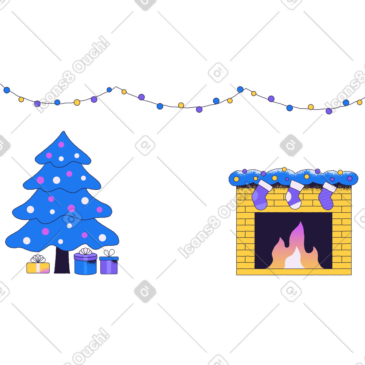 Presents under Christmas tree with stockings by fireplace, season interior illustration in Conifer style download in PNG, SVG