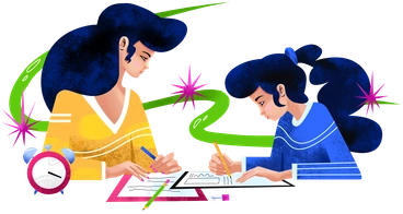 Two girls studying together at a table - Flare style illustration