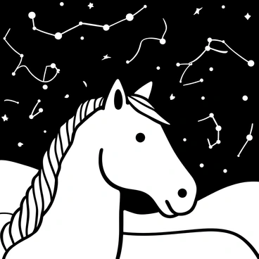 A detailed illustration of a horse head positioned prominently in the foreground. The horse head is depicted with strong lines and intricate textures, showcasing the mane flowing. In the background, a vast night sky is filled with numerous constellations, illustrated with connecting lines outlining their shapes. Stars are scattered throughout the sky, creating a sense of depth and wonder.