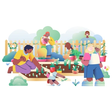 A diverse group of neighbors is gathered in a community garden, actively planting and tending to various plants and flowers. Two women, one with brown skin and short curly hair, and another with light skin and long blonde hair, are kneeling in the soil, planting seedlings in neat rows. A man with dark skin is holding a watering can, gently watering the newly planted areas. Nearby, a child with light skin is happily picking weeds and placing them in a small bucket. Brightly colored flower pots are scattered throughout the garden, and a wooden fence encloses the area, adorned with climbing vines and cheerful decorations. In the background, trees and blue sky create a pleasant atmosphere.