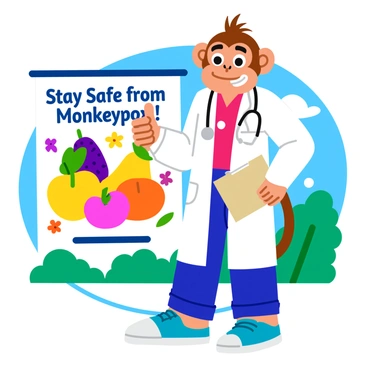 A cartoon monkey dressed humorously in a white doctor's coat with a stethoscope hanging around its neck. The monkey has a friendly expression and is holding a clipboard in one hand while giving a thumbs-up with the other. It stands in front of a colorful poster that reads "Stay Safe from Monkeypox!" with playful illustrations of fruits and flowers around it. The background features a bright blue sky and green trees, adding to the cheerful atmosphere.