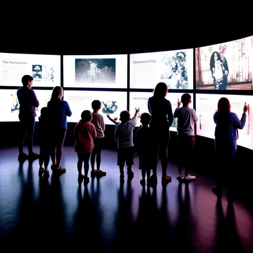 An interactive museum exhibit where guests can touch screens to view illustrations