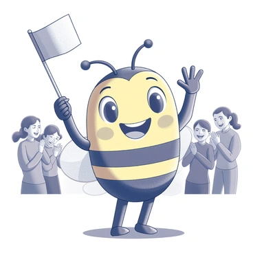 A bee mascot stands cheerfully, wearing a large, friendly smile. The mascot has exaggerated features, including big eyes and fuzzy antennae. It is waving a flag high in one hand, while its other hand is raised in a cheerful gesture. The bee is dressed in a bright costume with striped patterns resembling a real bee. The setting includes a crowd of people in the background, some clapping and smiling, as they enjoy the event. The atmosphere is lively, showcasing excitement and joy.