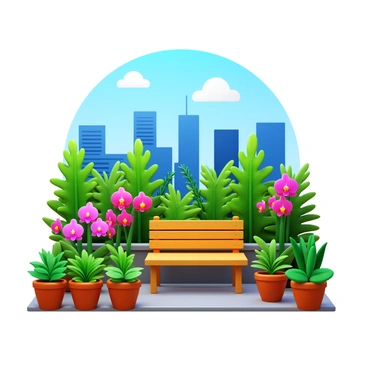 A cozy digital illustration of a rooftop garden with plants, flowers, and a view of the city skyline.