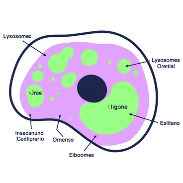 An animal cell is depicted with clearly defined structures showing various organelles within. The cell membrane outlines the entire cell, while the nucleus is positioned centrally, featuring a darker area representing the nucleolus. Lysosomes are illustrated as small, round organelles distributed throughout the cell, each labeled with "lysosome". Text next to them explains their role in "digestion" and "waste removal". Surrounding the lysosomes are other organelles such as mitochondria and ribosomes, each accurately represented and labeled. The entire cell is presented in a clean layout, allowing for easy identification of each part.