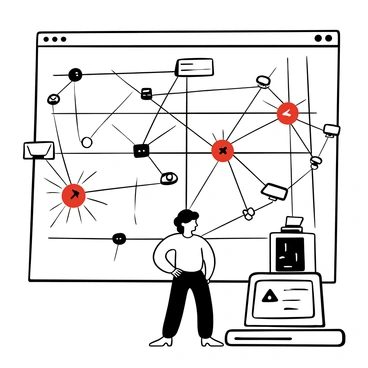 A large network grid displayed with multiple interconnected lines and nodes, showing signs of disruption. Various digital icons representing computer screens and servers are scattered across the grid. Alarms are illustrated as large red symbols flashing on several connections, indicating the severity of the attack. In the foreground, a silhouette of a person standing beside a computer monitor with an alert message displayed on the screen.