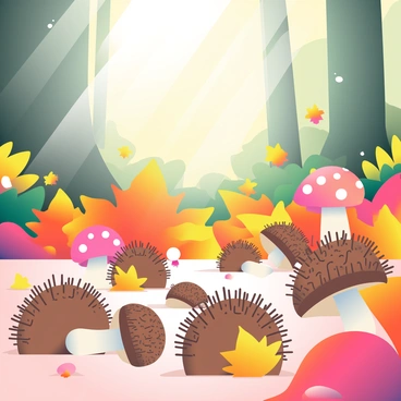 A forest floor is covered with "chataignes," which are brown, spiky seed husks, scattered amongst vibrant "autumn leaves" in shades of orange, yellow, and red. There are various "mushrooms" popping up through the foliage, displaying different shapes and colors, some have white spots on their caps. Sunlight filters through the trees above, casting dappled light onto the ground, highlighting the textures of the leaves and mushrooms. The scene creates a rich tapestry of natural elements, inviting exploration.