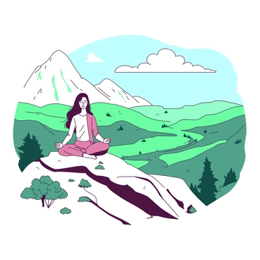 An individual is sitting cross-legged on top of a rocky mountain peak, practicing meditation. The person has long dark hair and is wearing comfortable, loose-fitting clothing. Surrounding them are rugged cliffs and a few sparse patches of grass. Below the mountain, vast green valleys stretch out, dotted with small trees and winding rivers. The sky above is clear, with a few fluffy clouds, allowing the sunlight to illuminate the landscape, creating a peaceful atmosphere. The individual has their hands resting on their knees, with their eyes gently closed, immersed in their practice.