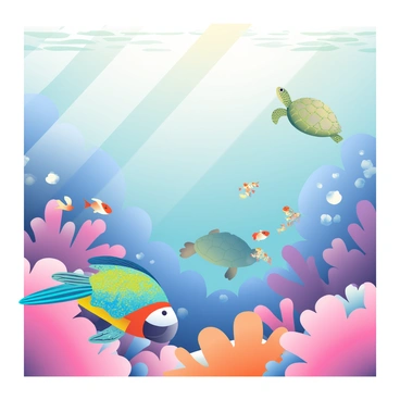 An underwater kingdom is depicted, filled with vibrant coral reefs in shades of pink, purple, and orange. Various majestic sea creatures swim gracefully through the scene. A large, colorful parrotfish with bright blue and green scales glides by, while a school of small, shimmering fish dart among the coral. In the background, a majestic sea turtle swims slowly, its shell adorned with intricate patterns. Sunlight filters down from the surface, casting a warm glow over the entire underwater landscape.