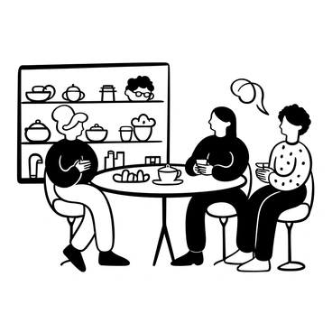 A group of diverse cartoon characters seated at a round table in a small tea shop, engaging in conversation while holding cups of tea. The characters consist of a tall individual with a distinctive hairstyle, a short character wearing glasses, and another character with a unique outfit featuring patterns. The table is adorned with a teapot and various tea cups, and there are pastries displayed on a nearby counter. The walls of the tea shop are decorated with shelves filled with tea jars and teacups.