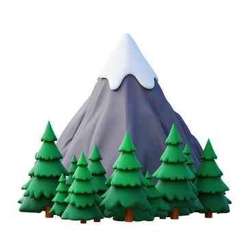 A towering mountain with a snow-capped peak. The mountain is steep and rugged, showcasing rocky textures along the slopes. Surrounding the base of the mountain are lush green forests, filled with tall pine trees and dense foliage. The vibrant colors of the forest contrast sharply with the white snow at the summit. The sky is clear blue, adding to the overall brightness of the scene.