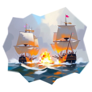 A dramatic pirate ship battle scene unfolds on turbulent waters, featuring two imposing ships engaged in combat. The first ship, a large galleon, displays billowing dark sails that catch the wind, while the second ship, a sleek brigantine, is maneuvering skillfully to gain an advantage. The sails of both ships are adorned with intricate designs, and within the folds of the first ship's sails, a hidden "fire triangle" symbol can be discerned. Explosions and cannon fire erupt between the ships, sending splashes of water into the air as crew members on deck scramble to reload cannons and prepare for the next strike. In the background, a stormy sky looms, adding to the chaos and intensity of the battle.